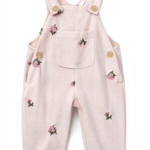 XD Baby Girls Corduroy Overalls Floral Embroidery Adjustable-0