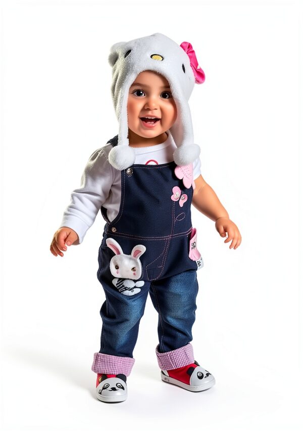 Baby Girls Knitted Jean Overalls Soft Bunny Embroidered-4