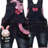 Baby Girls Knitted Jean Overalls Soft Bunny Embroidered-5