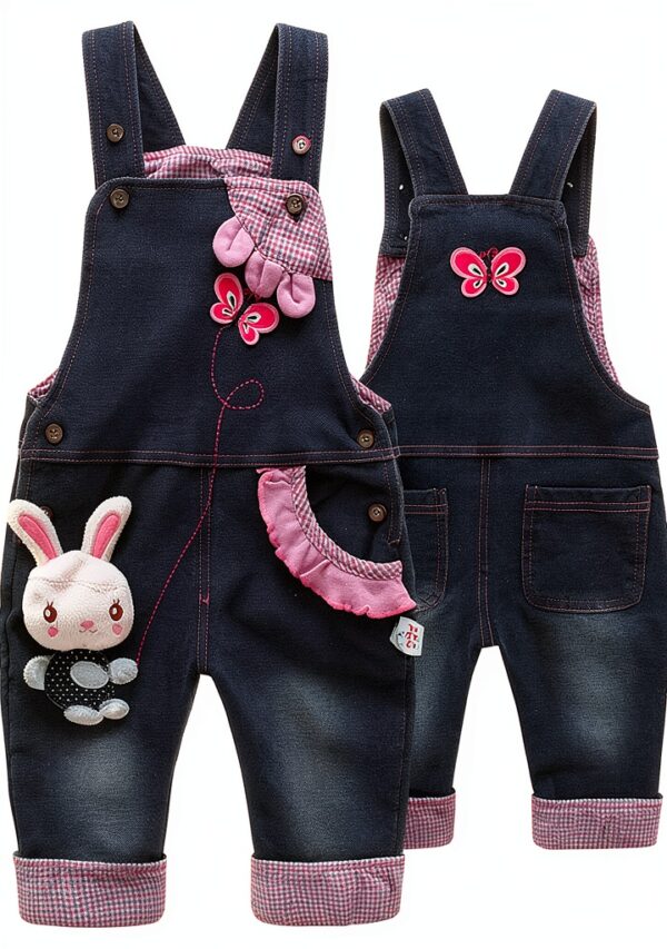 Baby Girls Knitted Jean Overalls Soft Bunny Embroidered-5