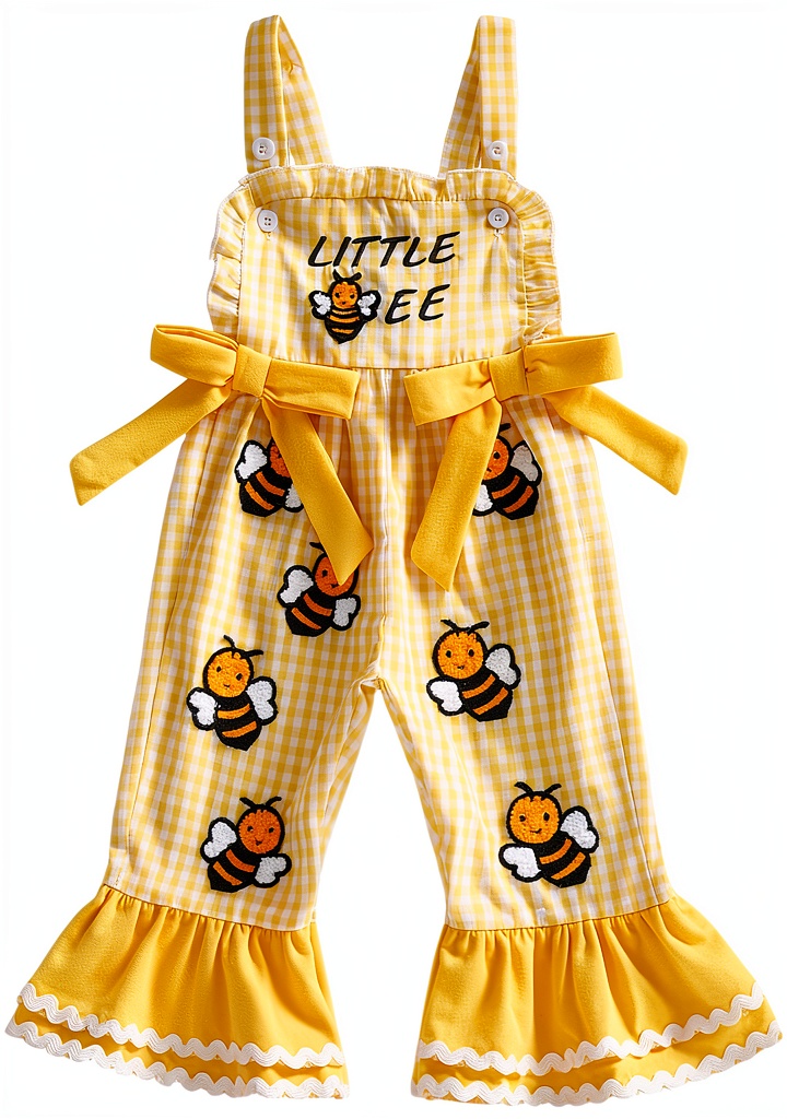 Toddler girl wearing bee print overalls in a garden setting