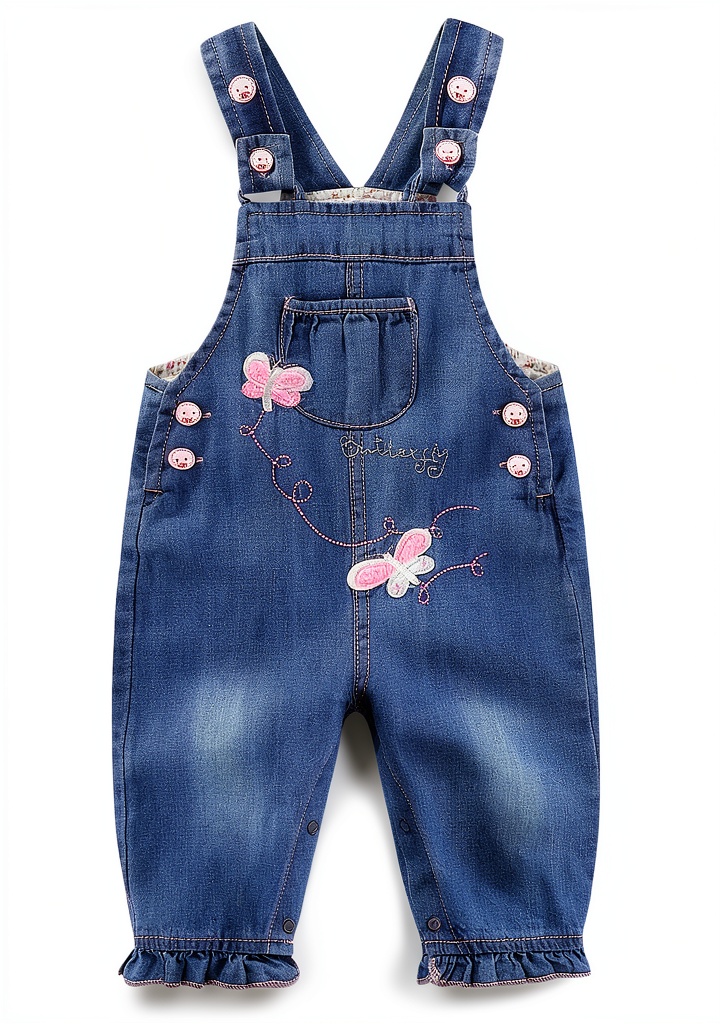 Baby girl wearing the denim overalls with butterfly embroidery, playing in a garden