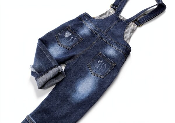 Button End Denim Overalls Ripped Holes Baby Kids Blue-5