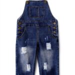 Button End Denim Overalls Ripped Holes Baby Kids Blue-0