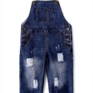 Button End Denim Overalls Ripped Holes Baby Kids Blue-0