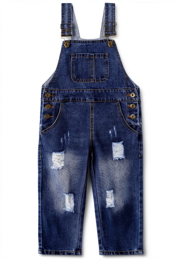 Button End Denim Overalls Ripped Holes Baby Kids Blue-0