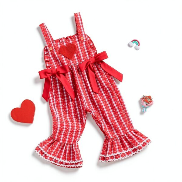 Toddler Girl Bell Bottom Overalls Heart Embroidery Red Pink-1