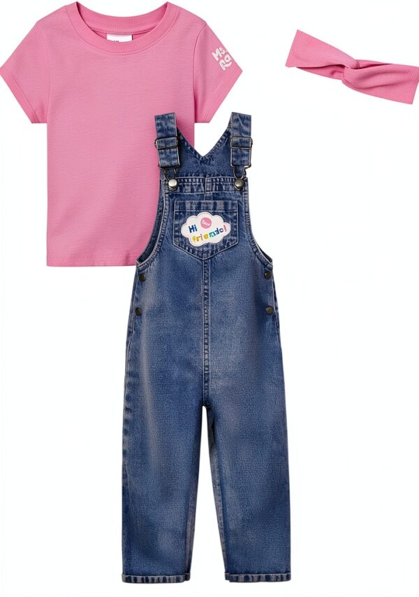 Ms Rachel Girls Overalls Set Blue Denim Pink 3 Piece-0