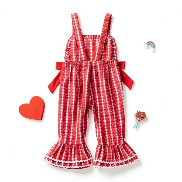 Toddler Girl Bell Bottom Overalls Heart Embroidery Red Pink-7
