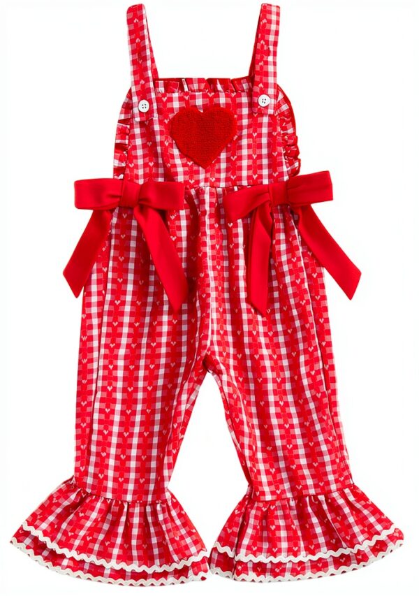 Toddler Girl Bell Bottom Overalls Heart Embroidery Red Pink-0